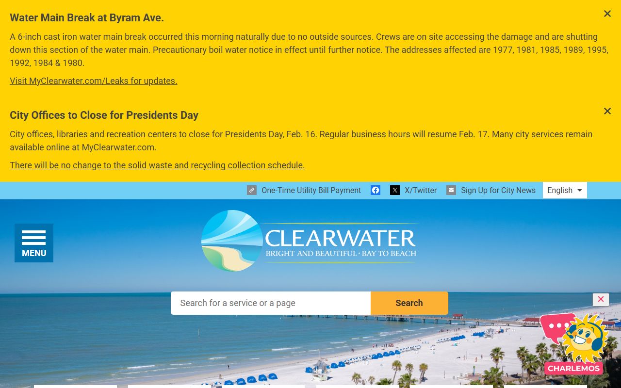 Clearwater city website homepage for finding public records and department information
