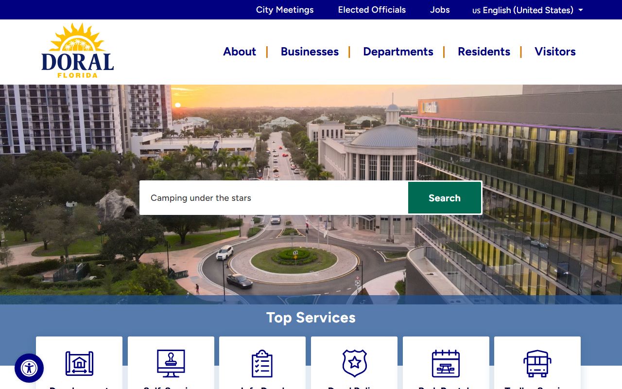 City of Doral homepage showing public records and city services access