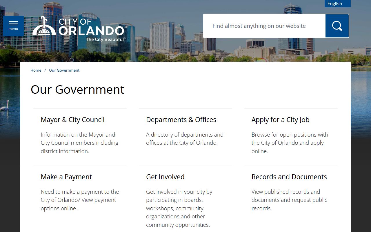 City of Orlando Our Government page with links to public records and city departments