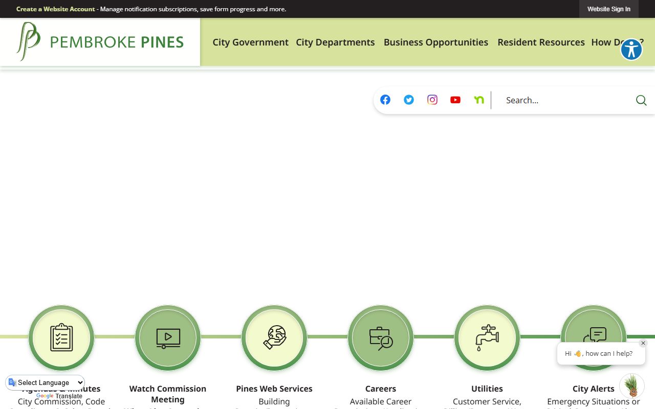 Pembroke Pines city website showing public records information and department contacts