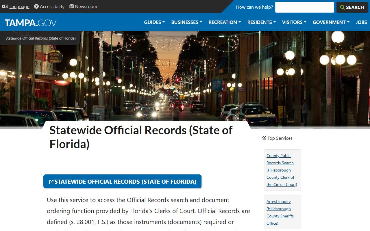 Tampa statewide official records page linking to Florida Clerks of Court search tool