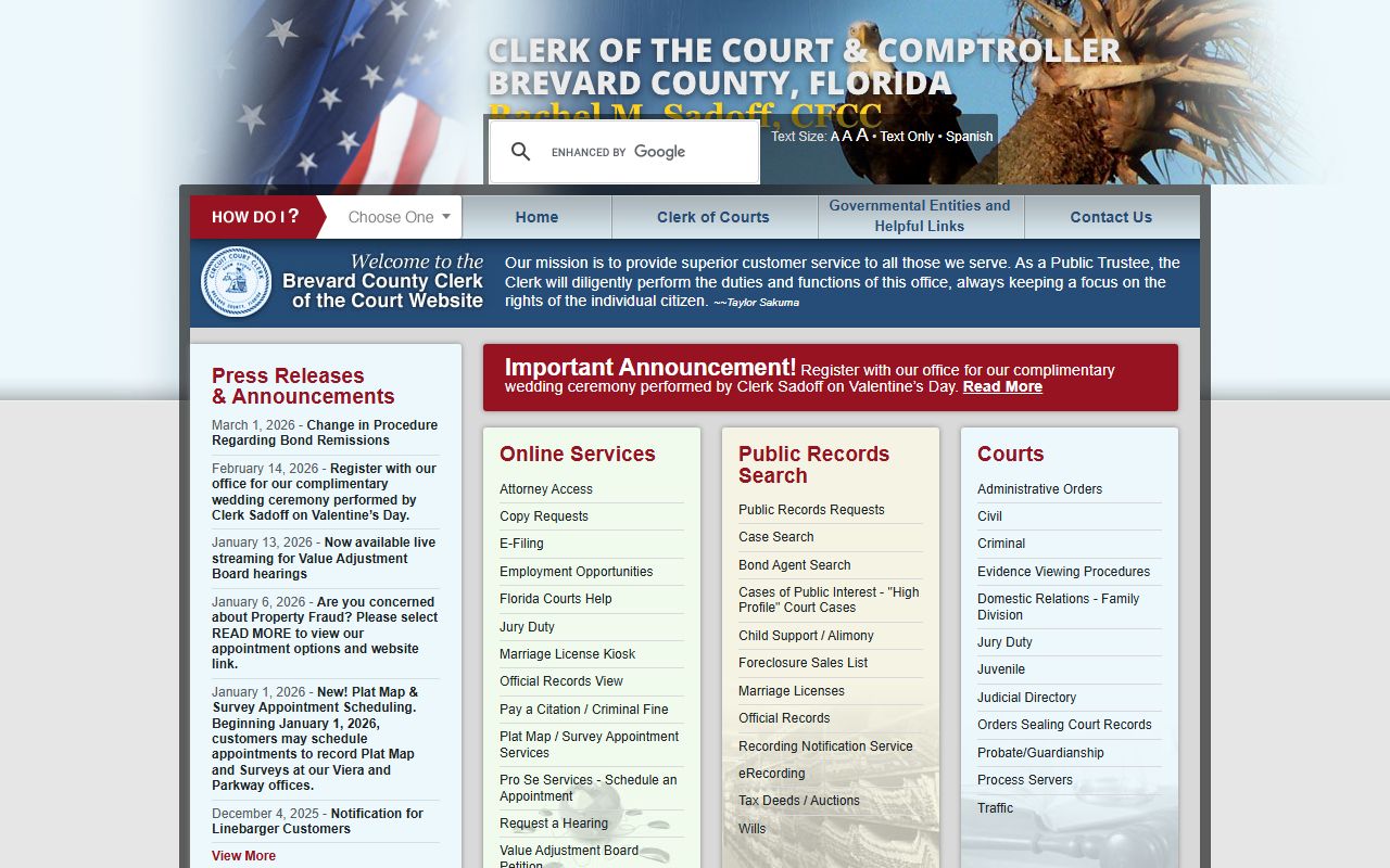 Brevard County Clerk of Courts website showing Palm Bay public records search tools