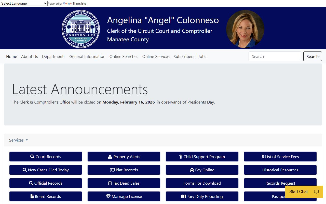 Manatee County Clerk of Courts website for Bradenton public records