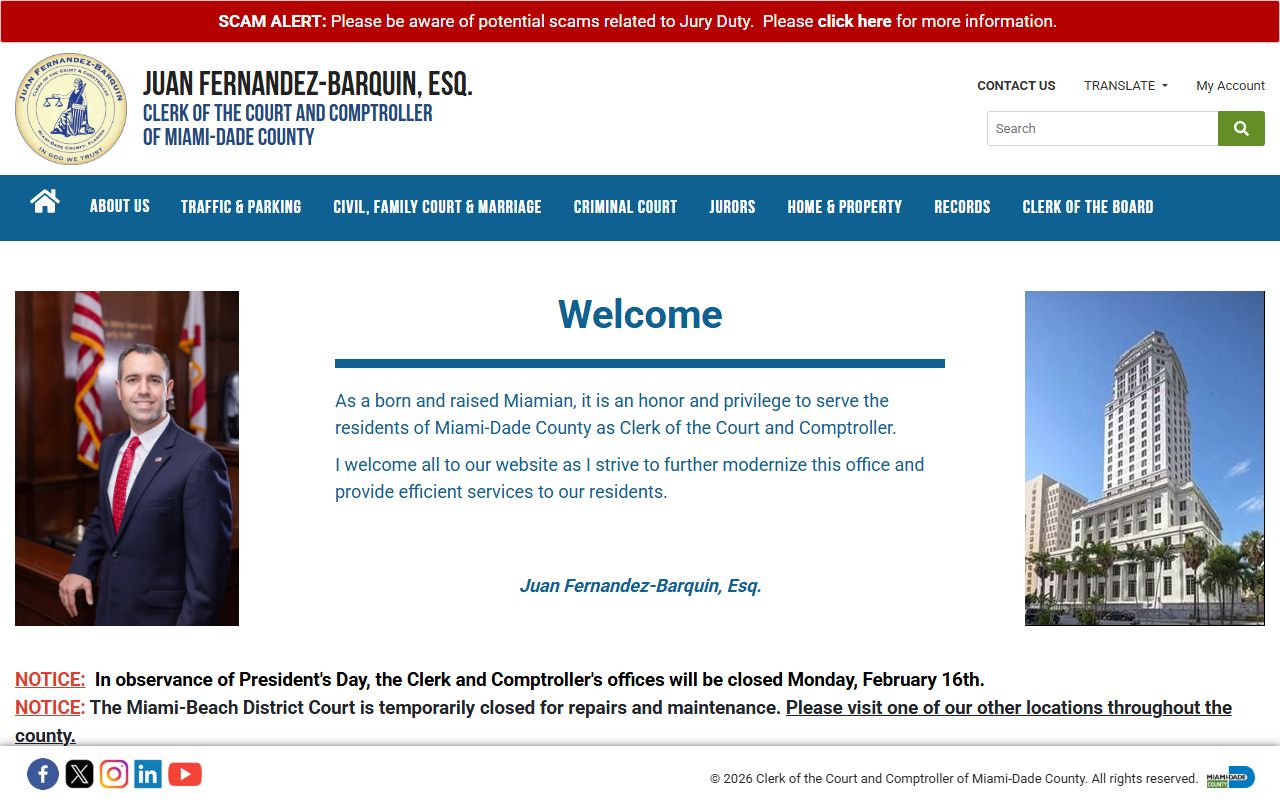 Miami-Dade County Clerk and Comptroller website screenshot
