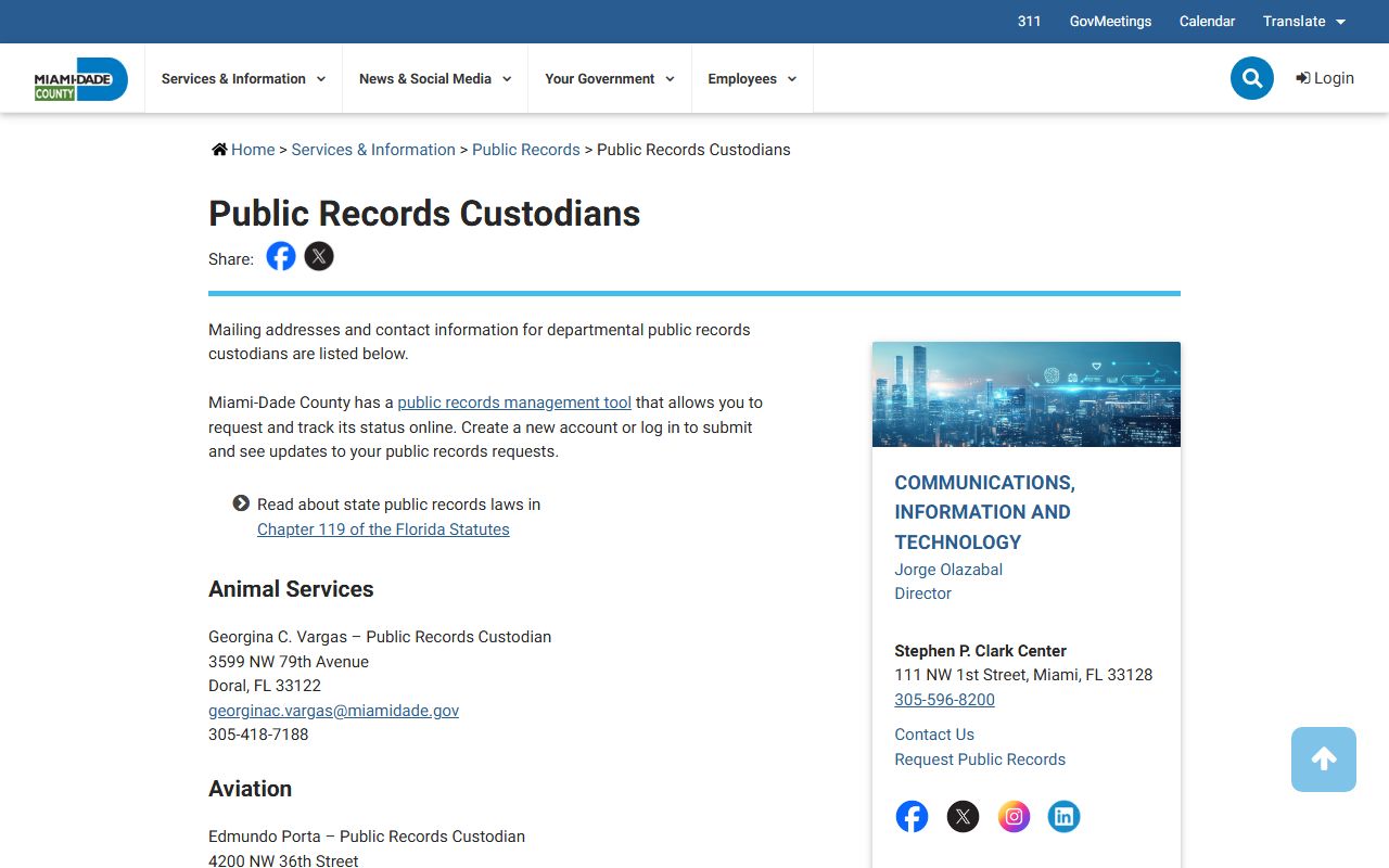 Miami-Dade County public records custodians directory screenshot