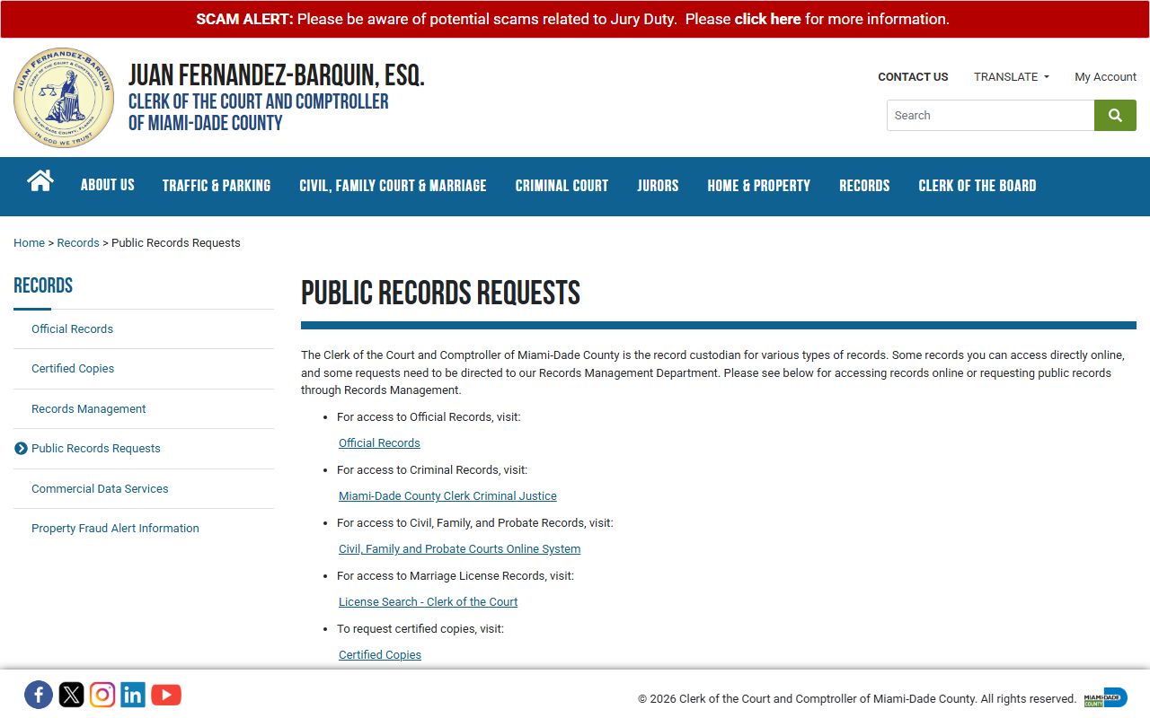 Miami-Dade public records request portal screenshot