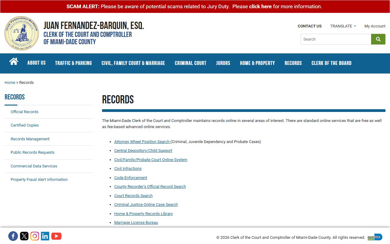 Miami-Dade County Clerk records search page screenshot