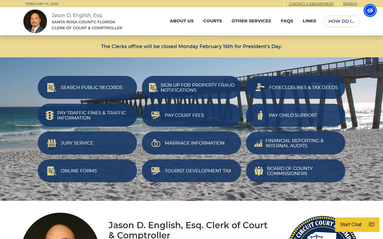 santa rosa county public records clerk and comptroller website screenshot