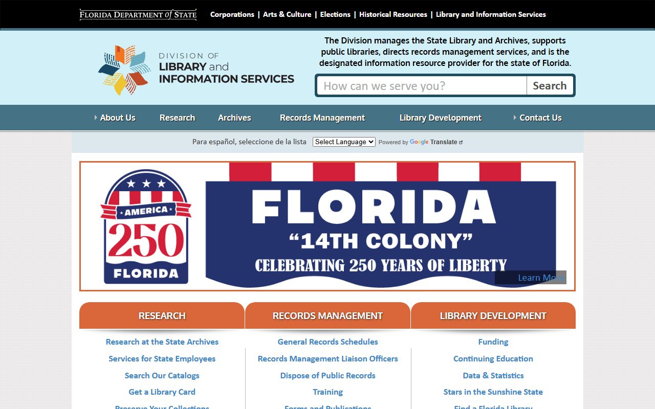 Florida Department of State library and archives public records